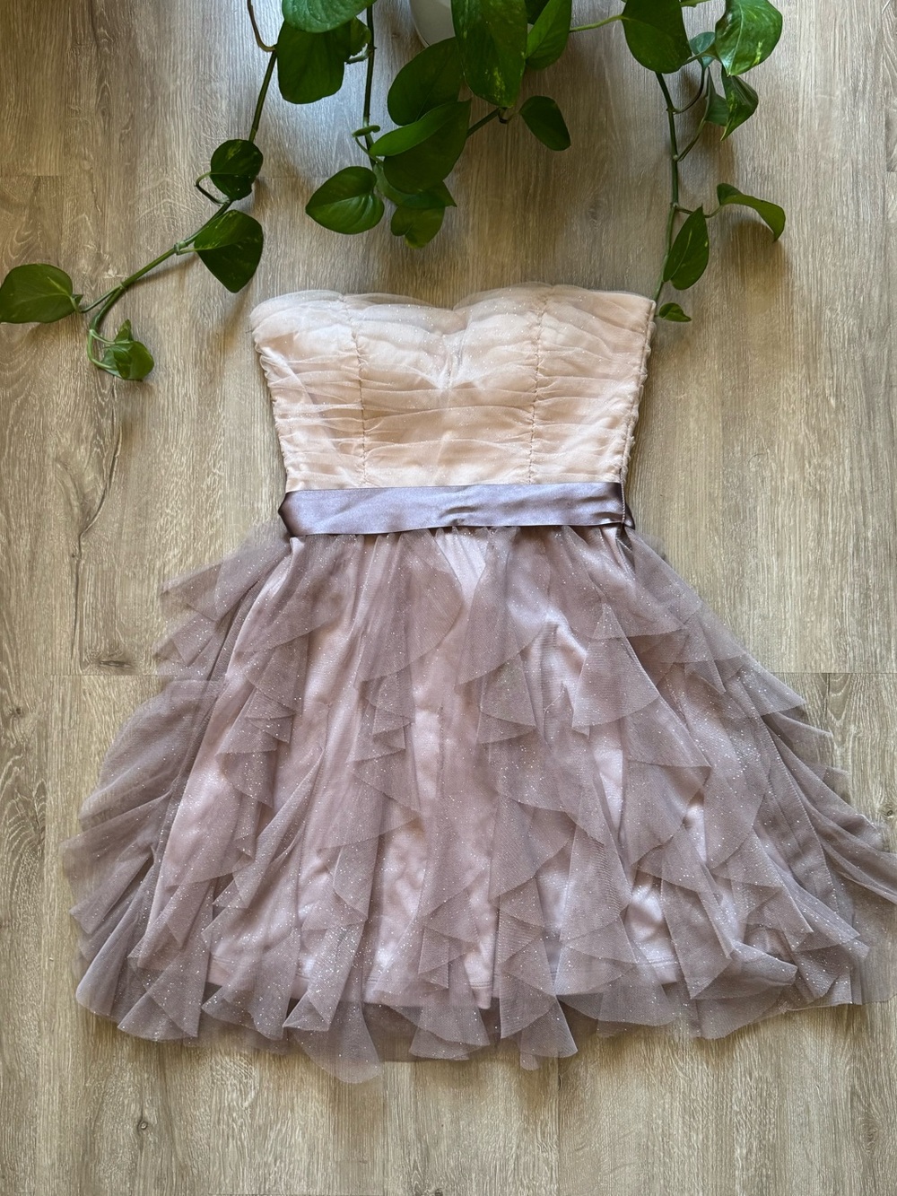 Y2K 2000s Blush Glitter Tulle Ruffle Mini Dress Strapless Party Prom